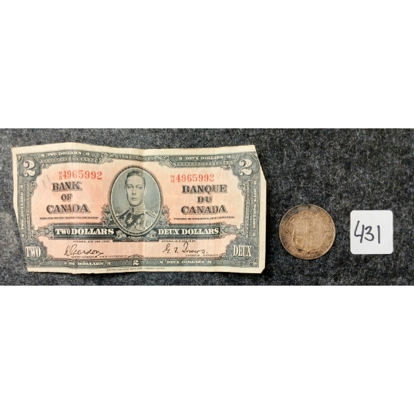 LOT OF 2 - 1916 BRITISH HALF CROWN COIN & 1937 CDN $2 BANKNOTE