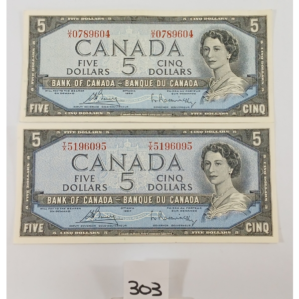 LOT OF 2 - 1954 CDN $5 BANKNOTES