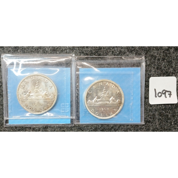 LOT OF 2 - 1962 & 1963 CDN SILVER DOLLARS - VOYAGEUR - CCCS GRADED