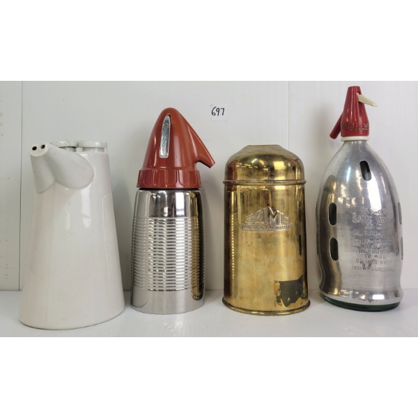 LOT OF 3 - SELTZ WATER W/ METAL COVER, K-M CHARGET, & BRONZE BOTTLE COVER