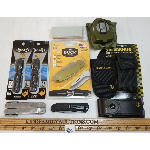 LOT OF 10 - LENSATIC COMPASS, KNIFE SHARPENER, FOLDING TOOLS, HOLSTERS & FLASHLIGHTS