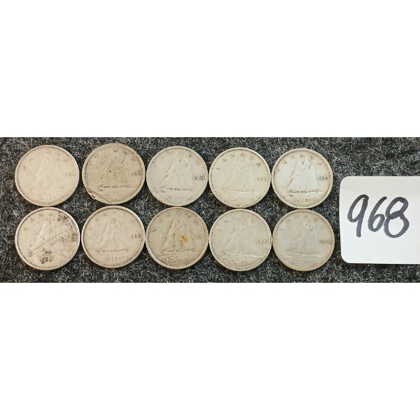 LOT OF 10 - 1939-1964 CDN 10 CENT COINS