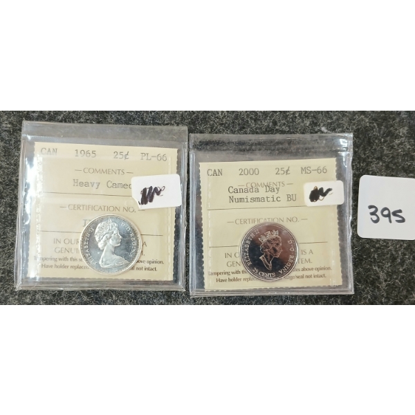 LOT OF 2 - 1965 & 2000 CDN 25 CENT COINS - ICCS GRADED