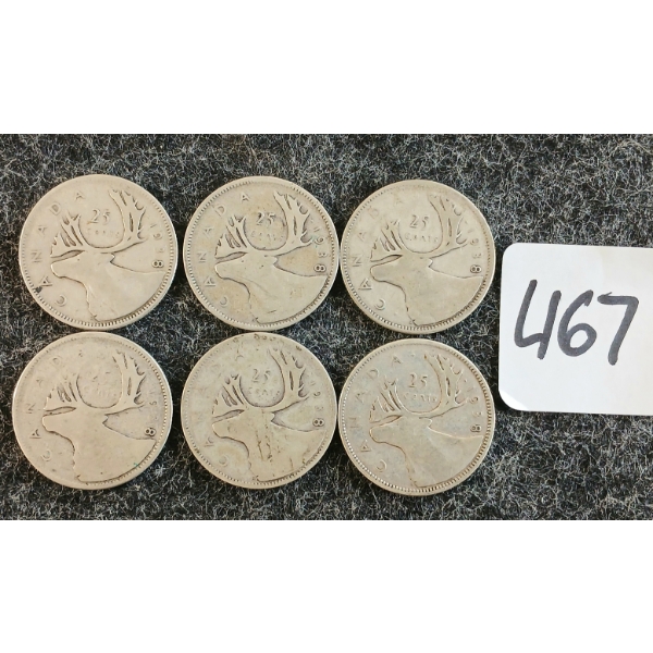LOT OF 6 - 1938 CDN 25 CENT COINS