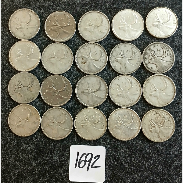 LOT OF 20 - 1941-1977 CDN 25 CENT COINS