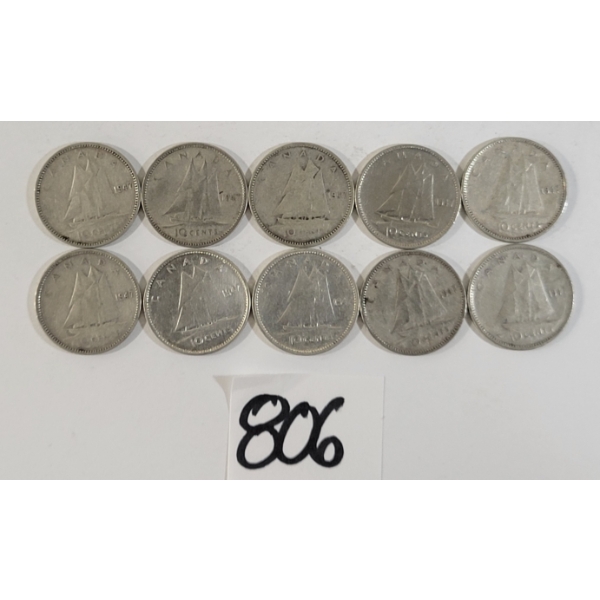 LOT OF 10 - 1947 CDN SILVER DIMES