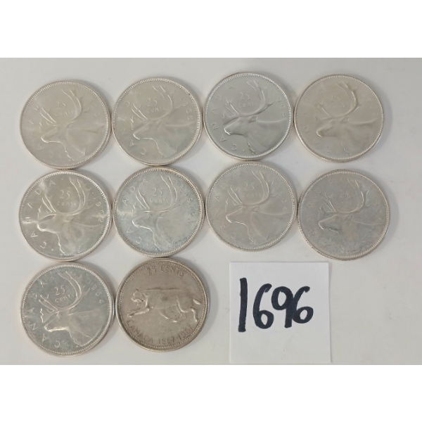 LOT OF 10 - 1964-1968 CDN 25 CENT SILVER COINS