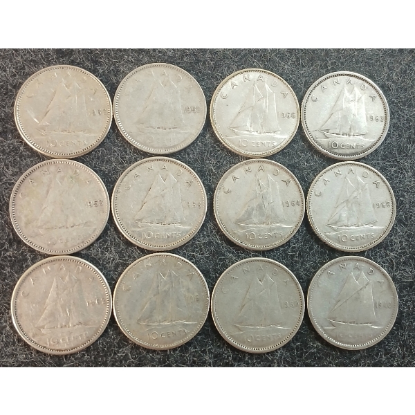 LOT OF 12 - 1940-1966 CDN 10 CENT COINS