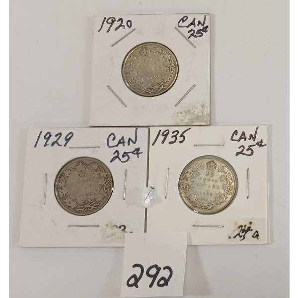LOT OF 3 - CDN 25 CENT SILVER PCS - INCL 1920, 1929 & 1935