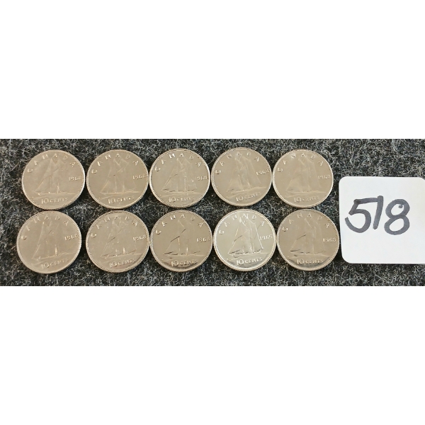 LOT OF 10 - 1968 CDN 10 CENT COINS