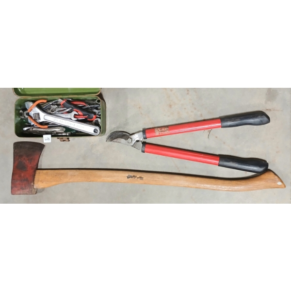 LOT OF 3 - AXE, GARDEN SNIPS & SMALL TOOLBOX W/ CONTENTS