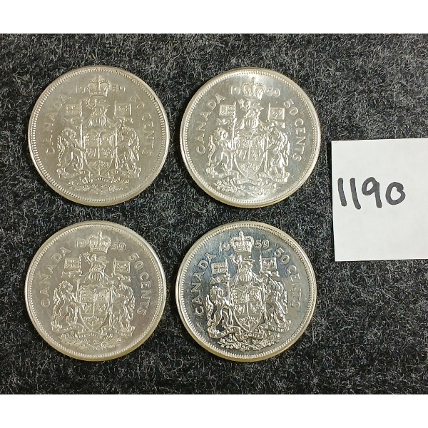 LOT OF 4 - 1959 CDN 50 CENT SILVER COINS