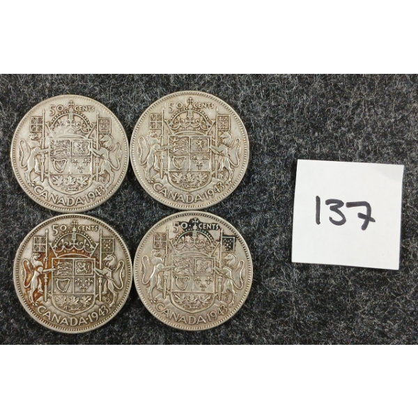 LOT OF 4 - 1943 CDN 50 CENT SILVER COINS