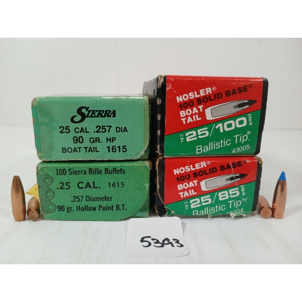 BULLETS: APPROX 300X MIXED .25 - 85, 90 & 100GR - HP & BALLISTIC TIP