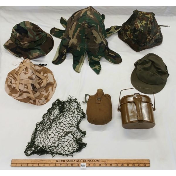 LOT OF 8 - HELMET NET, CAMO COVERS, SUMMER FIELD HATS, CANTEEN & MESS TIN