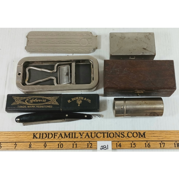 LOT OF 5 - H BOKER & CO. EDELWEISS STRAIGHT RAZOR, ENGLISH ROLLS RAZOR, ECT.