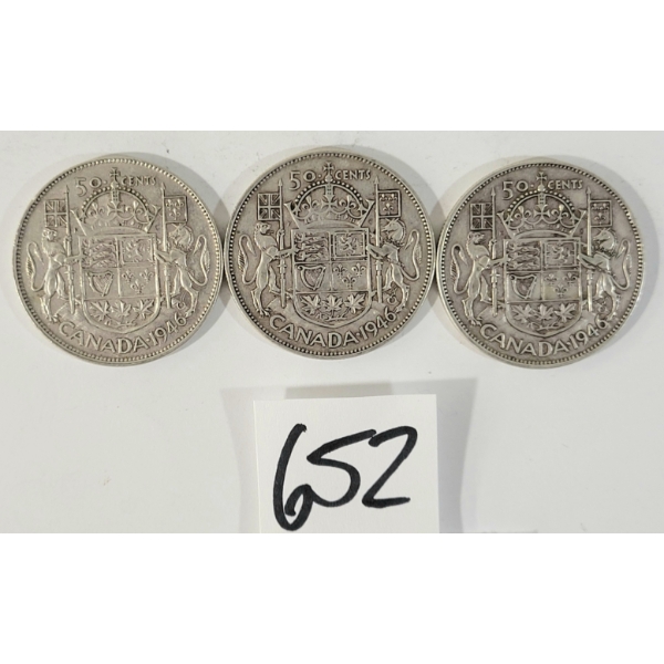 LOT OF 3 - 1946 CDN 50 CENT SILVER COINS