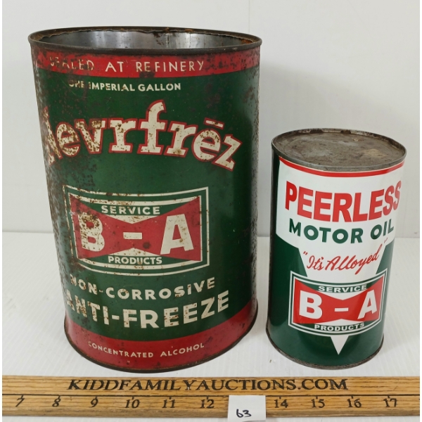 LOT OF 2 - B-A BOWTIE ANTI-FREEZE & PEERLESS MOTOR OIL CANS - GAL & QT