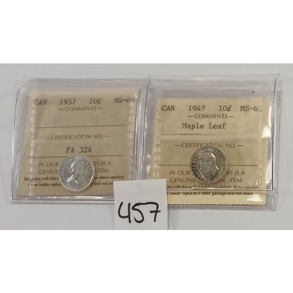 LOT OF 2 - 1947 & 1957 CDN 10 CENT COINS - ICCS