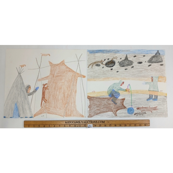 LOT OF 2 - "ICE FISHING" & "DRYING HIDE" BY MARY AYAQ ANOWTALIK - PENCIL CRAYON ON PAPER