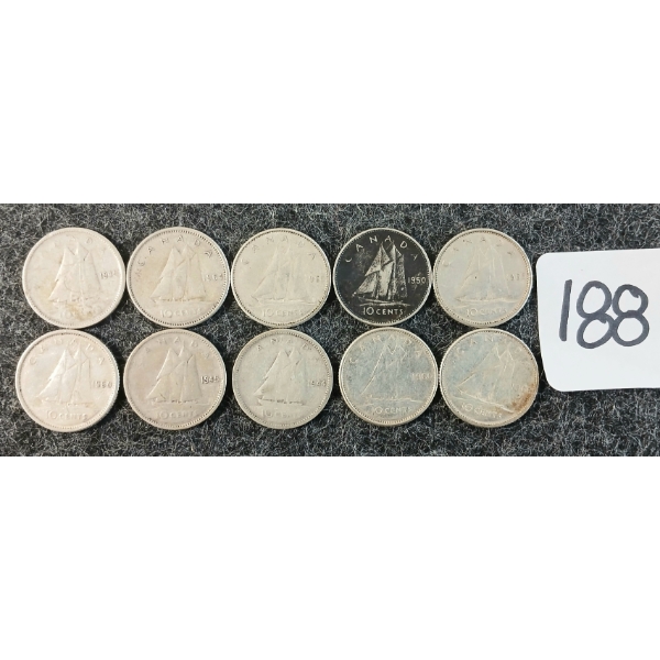 LOT OF 10 - 1944-1966 CDN 10 CENT COINS