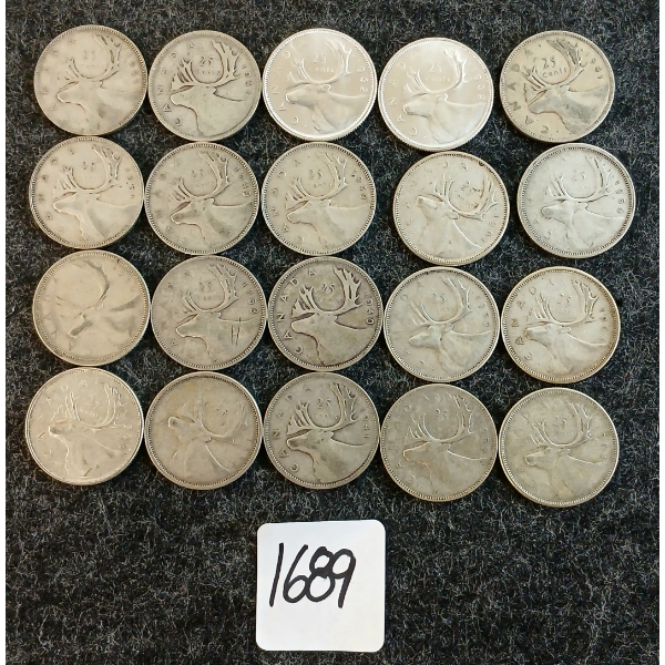 LOT OF 20 - 1940-1968 CDN 25 CENT COINS