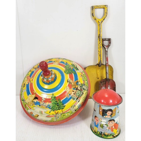 LOT OF 4 - SPINNING TOY TOP & SHOVELS, ETC