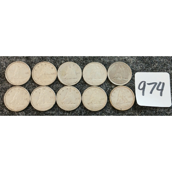 LOT OF 10 - 1943-1969 CDN 10 CENT COINS