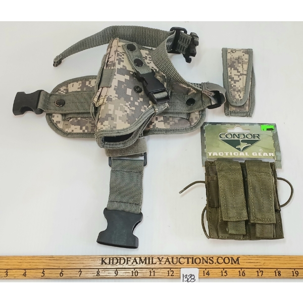 LOT OF 3 - HANDGUN, FOLDING KNIFE & MAG HOLSTERS & POUCHES