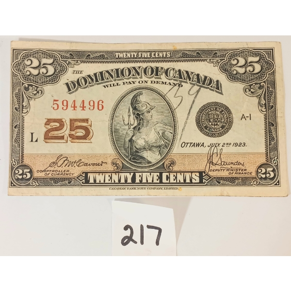 1923 DOMINION OF CANADA 25 CENT SHINPLASTER