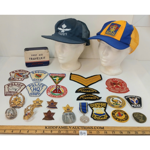 JOB LOT - O.P.P. INSIGNIA & HAT, CADETS HAT, INTERNATIONAL POLICE INSIGNIA & JOHNSON & JOHNSON TIN