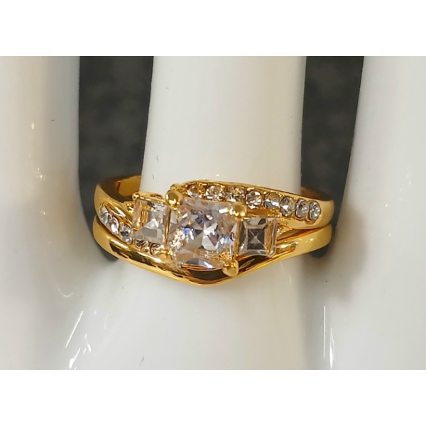 LOT OF 2 - 14K GOLD PLATED PRINCESS CUT SIMULATED DIAMOND TRINITY RING SET