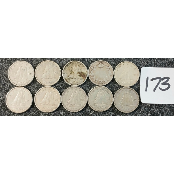 LOT OF 10 - 1949, 1951, 1952, 1956, 1961, 1964, 1965 CDN 10 CENT COINS