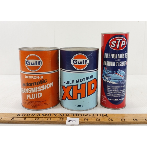 LOT OF 3 - GULF MOTOR OIL & TRANSMISSION QT FIBRE CANS - STP COIN BANK