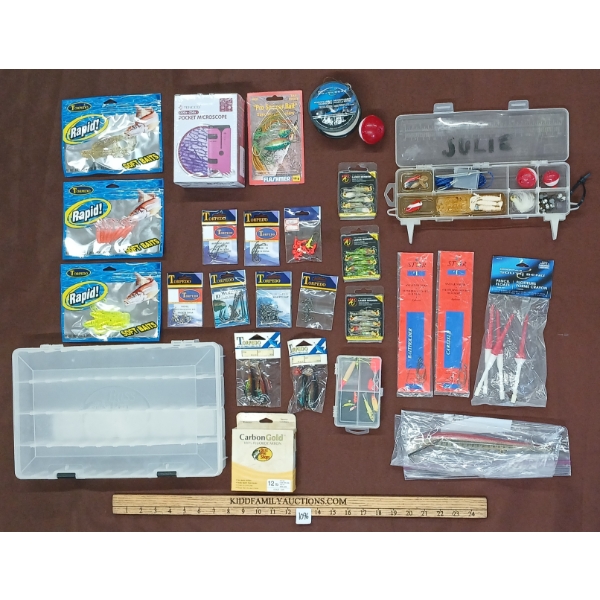 JOB LOT - FISHING ACCESSORIES - SPINNERS, LURES, SOFT BAIT, WEIGHTS, LINE, POCKET MICROSCOPE, ETC