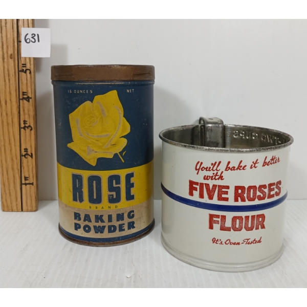 LOT OF 2 - FIVE ROSES FLOUR SIFTER & ROSE BRAND BAKING POWDER - 16 OZ