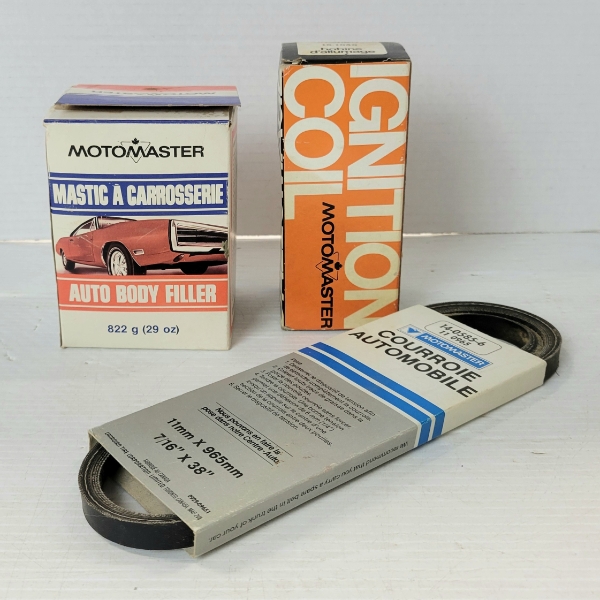 LOT OF 3 - MOTOMASTER IGNITION COIL, AUTO BODY FILLER & AUTOMOTIVE BELT