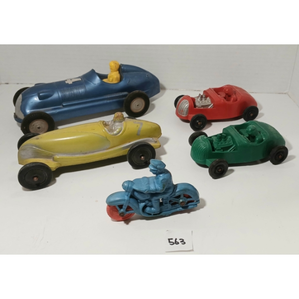 LOT OF 5 - RELIABLE TIN/RUBBER FRICTION RACE CARS & MOTORCYCLE 