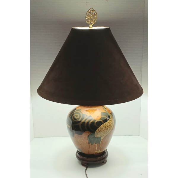 PORCELAIN CRANE MOTIF TABLE LAMP W/ SUEDE SHADE
