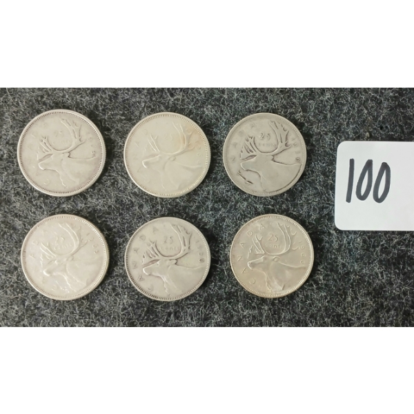 LOT OF 6 - 1939, 1950 & 1963-1966 CDN 25 CENT COINS
