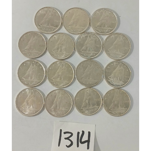 LOT OF 15 - 1964 & 1965 CDN SILVER DIMES