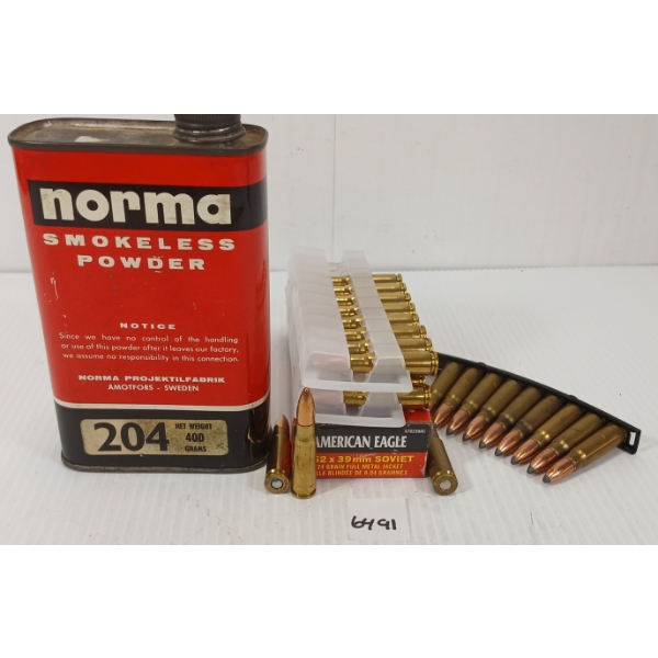 AMMO / POWDER: 30X FEDERAL AMERICAN EAGLE & MILITARY 7.62X39MM - 124GR - FMJ / NORMA NO. 204 - 0.5LB