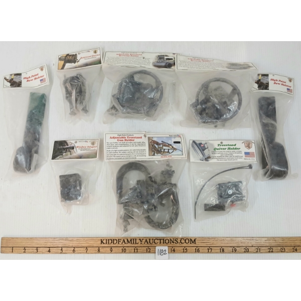 LOT OF 8 - HIGH POINT PRODUCTS - ADJUSTABLE TREESTAND GUN HOLDER, QUIVER HOLDER, CUP HOLDER, ETC
