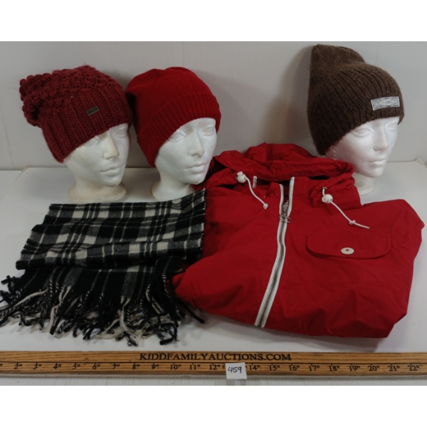 LOT OF 5 - WOMEN'S RED SPRING JACKET, SCARF & KNIT HATS - MFG PENFIELD, POLER, BRIXTON & MINIUM