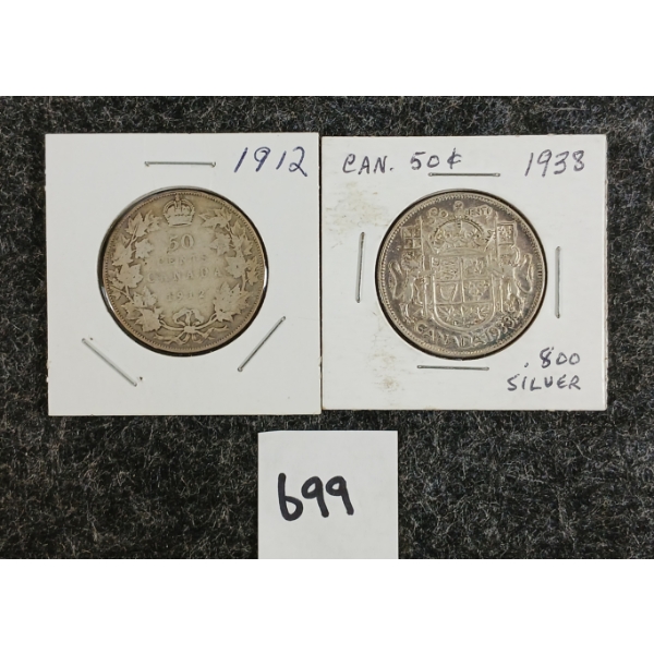LOT OF 2 - 1912 & 1938 CDN 50 CENT SILVER COINS