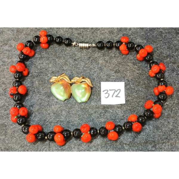 LOT OF 2 - BEADED APPLE NECKLACE & APPLE BROOCH