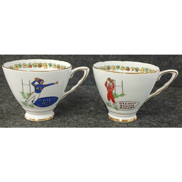 LOT OF 2 - ROYAL STAFFORD WINNIPEG BLUE BOMBERS & OTTAWA ROUGH RIDERS CFL GREY CUP TEACUPS