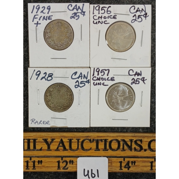 LOT OF 4 - 1928-1957 CDN 25 CENT COINS 