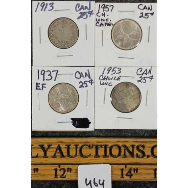 LOT OF 4 - 1913-1957 CDN 25 CENT COINS 