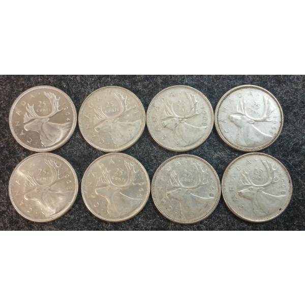 LOT OF 8 - 1964-1968 CDN 25 CENT COINS
